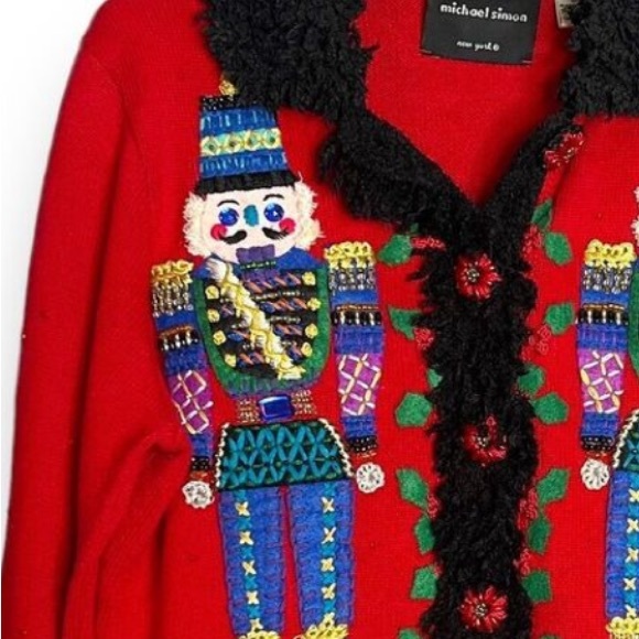 Michael Simon Womens Sz M Beaded Nutcracker Sweater Cardigan Black Fringe Trim - Picture 9 of 15
